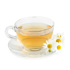 Aromatic tea in glass cup and chamomile flowers isolated on white