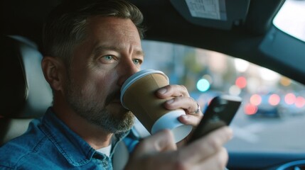 Middle aged businessman drinking coffee and using smartphone while driving car in city at night, potentially engaging in distracted driving