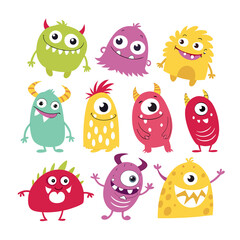 Naklejka premium A vibrant collection of ten adorable cartoonish friendly monsters with big eyes and unique colorful designs perfect for children s illustrations and playful themes