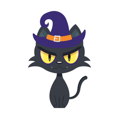 Black cat witch with purple hat. Vector