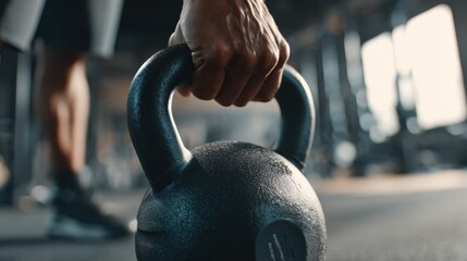 Medium shot capturing smart adjustable kettlebell dynamically changing load as athlete lifts weights sleek design and mechanics clear gym environment blurred for emphasis.