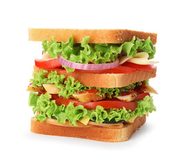 Yummy sandwich with ham, chicken meat and vegetables isolated on white