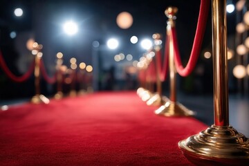 Long red carpet bordered by golden poles and red ropes, suggesting a glamorous event, possibly a movie premiere or awards ceremony