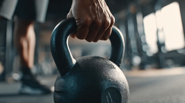 Medium shot capturing smart adjustable kettlebell dynamically changing load as athlete lifts weights sleek design and mechanics clear gym environment blurred for emphasis.