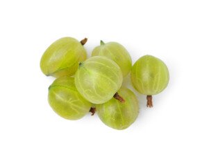 Many fresh green gooseberries isolated on white, top view