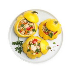 Tasty stuffed pattypan squashes isolated on white, top view