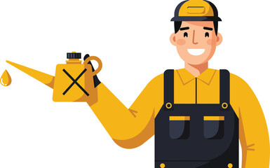 Worker holding oil can with dripping oil in yellow and black uniform vector illustration 