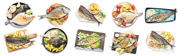 Fried fish. Dishes isolated on white, set. Top view