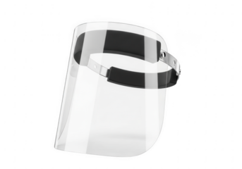 Modern clear plastic face shield with black straps isolated on transparent background