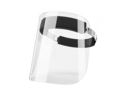 Modern clear plastic face shield with black straps isolated on transparent background