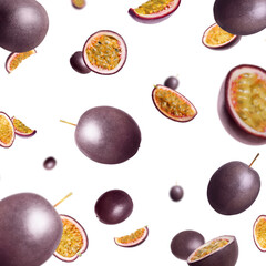Fresh passion fruits swirling in air against white background