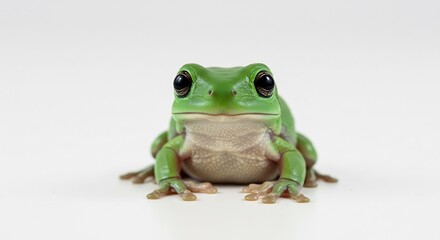 Obraz premium Brightly lit green tree frog poses serenely against white background. AI Generated