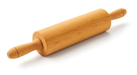 Smooth wooden rolling pin rests gently on white background.. AI Generated