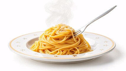 Steaming hot spaghetti with parmesan cheese on a white plate, being twirled with a fork, isolated on white background