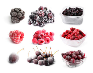 Frozen berries isolated on white, set. Food preservation