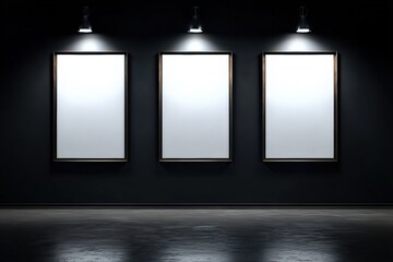 Spotlights illuminating three blank vertical frames hanging on a dark wall in a modern gallery with concrete floor