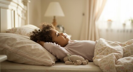 Peaceful toddler soundly sleeps softly bathed in warm morning light. AI Generated