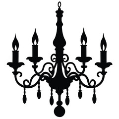 Ornate vintage chandelier with five candle flames black silhouette