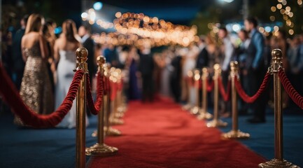 Red carpet stretching toward an elegant evening event, featuring blurred guests mingling in the background, creating a glamorous atmosphere