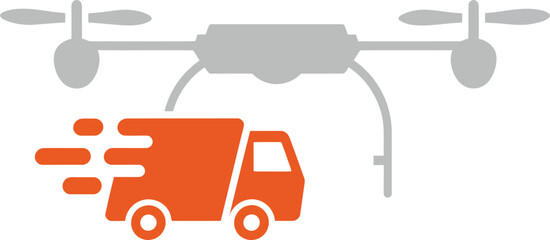 Drone delivering small orange delivery truck symbol in simple flat vector style for logistics and transportation concept 
