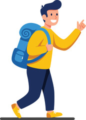 Male hiker with blue backpack walking in casual yellow outfit outdoor activity vector illustration 