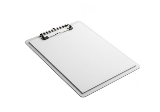 A white clipboard with a silver clip for holding papers isolated on transparent background