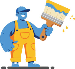 Blue character holding paintbrush with yellow and blue paint in overalls vector illustration 
