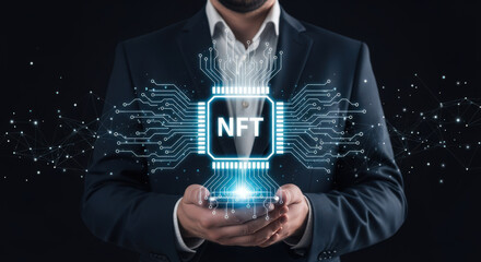 Exploring the Future of Digital Assets A Conceptual Image of a Businessman Holding an NFT Representing Technological Advancement and Investment Opportunities in Blockchain