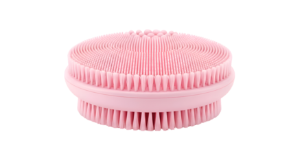 Pink Exfoliating Brush Shows its Bristles and Circular Design on Transparent Background