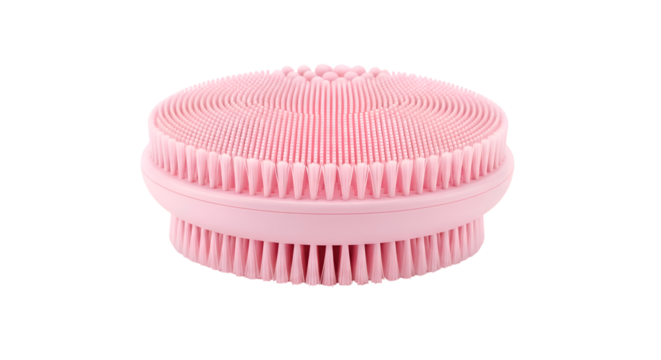 Pink Exfoliating Brush Shows its Bristles and Circular Design on Transparent Background