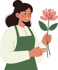 Woman holding pink flower smiling wearing green apron vector illustration in simple style 