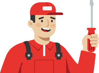 Male handyman in red uniform holding screwdriver vector illustration with smiling face 
