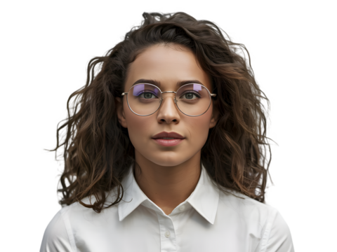 Confident professional woman with glasses and curly hair exudes intelligence and style for business projects.