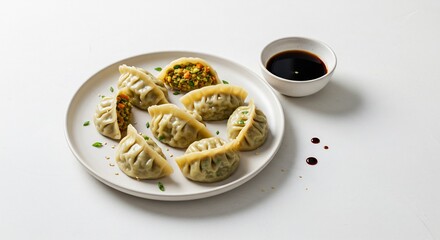 Delicious steamed dumplings arranged artfully on white plate beside soy sauce dipping bowl. AI Generated