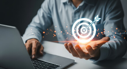 Strategic Goal Achievement Harnessing Technology for Success A Businessman's Hand Presenting a Target Symbolizing Digital Transformation, Innovation, and Progress