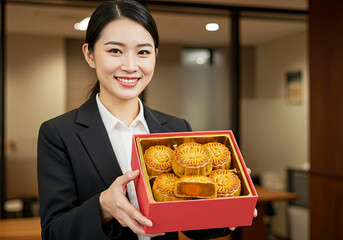 Businesswoman Giving Mooncake Box as Gift. Professional Woman in Office with Festival Present. September 18 Mid Autumn Festival