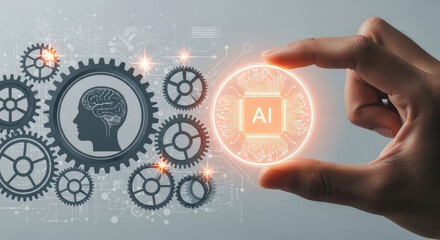 Fototapeta premium Artificial Intelligence and Machine Learning A Hand Holding an AI Chip with Gears and a Brain Silhouette Representing Technological Advancement and Innovation