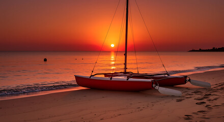 Red Catamaran Sunset Beach Scene