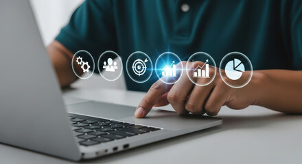 Business Performance and Strategic Planning A Person Using a Laptop with Data Analytics Icons Representing Efficiency, Teamwork, Targets, Growth, and Market Analysis