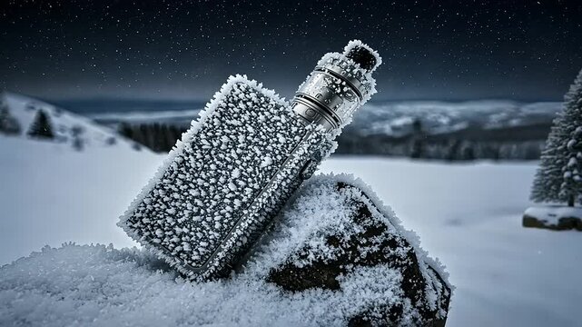 Frost-covered vape device resting on a snowy rock under a starry night sky in the mountains