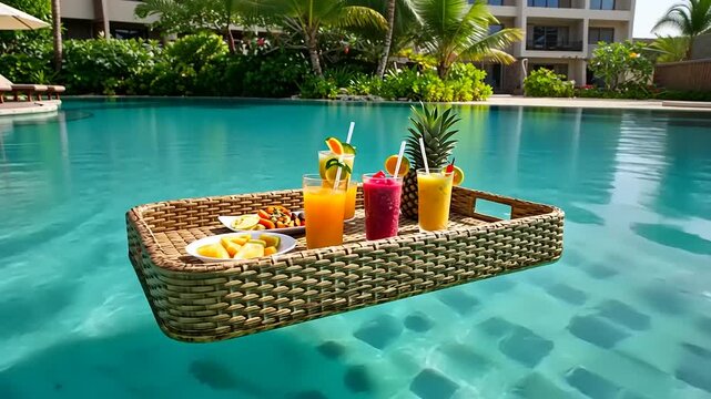 Refreshing tropical drinks served on a floating tray in a serene poolside setting