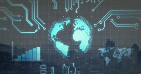 Projecting holographic turquoise Earth globe over skyline at dusk, with grid and circuit traces