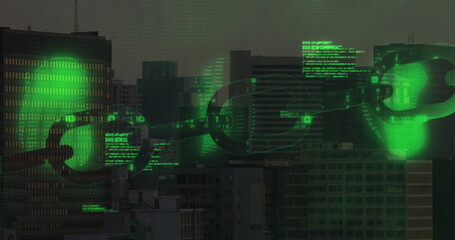 Stretching glowing green digital chain spanning city skyline at dusk, with skyscrapers, binary data