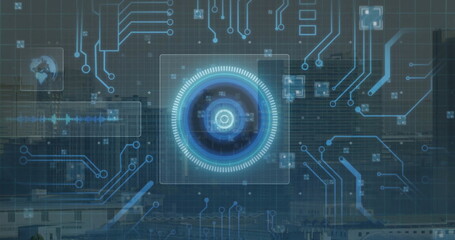 Displaying glowing blue circular HUD interface over digital grid, with circuit lines, data panels