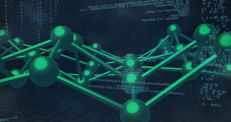 Floating network showcasing glowing green nodes and rods above dark grid, with flowing code lines