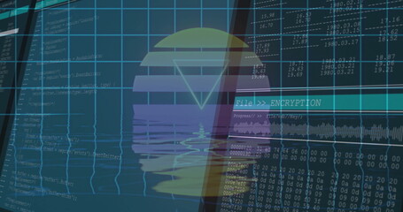 Floating stylized encryption icon showing progress on digital interface, with code and waveform