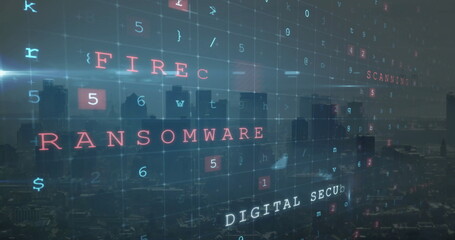 Displaying red RANSOMWARE text overlay above urban skyline at dawn, with grid of cybersecurity code