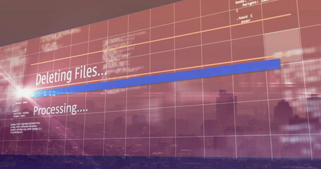Displaying dashboard overlaying city skyline at dusk, showing blue progress bar and status texts