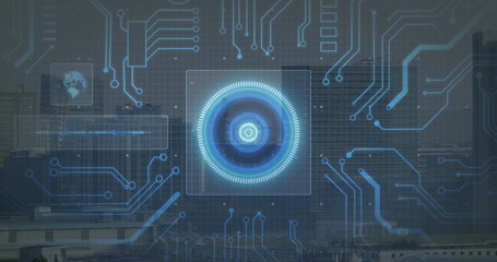 Displaying circular holographic interface overlaying city skyline, with circuit traces and panels