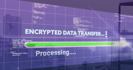 Projecting encrypted data transfer onto glass wall in workspace with progress bar, city skyline